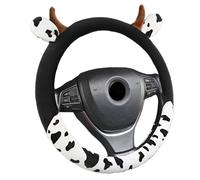 SIQITECHNO Universal 15 in Cute Fuzzy Cow Horn Car Steering Wheel Cover, Non-Slip Stretchy Cows Print Circular Car Wheels Protector for Auto SUV Sedan Vans Truck Men Women