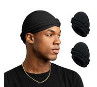 SIQITECHUK 2PCS Halo Turban Durag for Men Head Wrap Turban Head Scarf Wrap Cancer Chemo Turban Hat Dreadlocks Turban Modal and Satin Turban Head Covering Hair Loss Cap Silk Lined Turban Soft Comfortable, Black + Black (2 PCS)