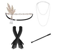 SIQITECHUK 4Pcs 1920s Flapper Accessories for Women Headband Necklace Long Gloves Handheld Prop Fashion Roaring 20s Theme Costume for Fancy Dress Cosplay Halloween Party Accessories Set (Gold)