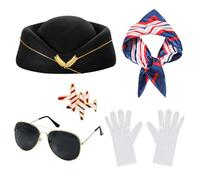 SIQITECHUK 5Pcs Women Air Hostess Costume Set Flight Attendant Costume Airline Stewardesses Outfits with Stewardess Hat Sunglasses Brooch Scarf Gloves for Cosplay Fancy Dress Halloween Party