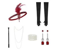 SIQITECHUK 6Pcs 1920s Flapper Accessories Set for Women Vintage Headband Necklace Bracelet Earrings Long Gloves Handheld Prop Fashion Roaring 20s Theme Costume for Fancy Dress Cosplay Halloween