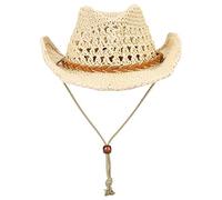 SIQITECHUK Kids Straw Cowboy Hat Wide Brim Sun Hat Beach Panama Fedora Cap Western Cowgirl Summer UV Protection Cap with Chin Strap (UK, Alpha, One Size, Beige)