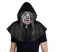 SIQITECHUK Scary Mask with Hooded Cowl Cloak Horror Demon Evil Mask with Wig Witch Wizard Pagan Black Cape Full Face Masks for Halloween Cosplay Fancy Dress (Style B)