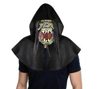 SIQITECHUK Scary Mask with Hooded Cowl Cloak Horror Demon Evil Mask with Wig Witch Wizard Pagan Black Cape Full Face Masks for Halloween Cosplay Fancy Dress (Style A)