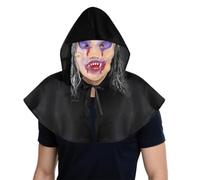 SIQITECHUK Scary Mask with Hooded Cowl Cloak Horror Demon Evil Mask with Wig Witch Wizard Pagan Black Cape Full Face Masks for Halloween Cosplay Fancy Dress (Style C)