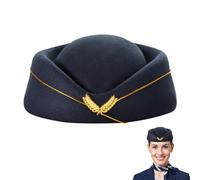 SIQITECHUK Women Air Stewardess Hat Felt Flight Attendant Hat Uniform Air Hostess Uniform Cap Cosplay Costume Accessories for Halloween Performance Fancy Dress (Navy Blue)