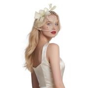 SIQITECHUK Women Fascinator Hat with Flower Mesh Veil Feathers Tea Party Church Cocktail Headband Wedding Bride Hair Clip Vintage Fancy Ladies Girls Headwear (UK, Alpha, One Size, Beige)