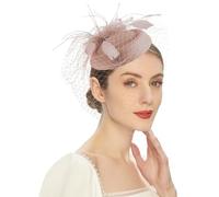 SIQITECHUK Women Fascinator Hat with Mesh Veil Feathers Flower Headband Tea Party Hair Clip Vintage Elegant Ladies Headwear for Church Cocktail Wedding (UK, Alpha, One Size, Nude Pink)