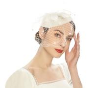 SIQITECHUK Women Fascinator Hat with Mesh Veil Feathers Flower Headband Tea Party Hair Clip Vintage Elegant Ladies Headwear for Church Cocktail Wedding (UK, Alpha, One Size, Cream)