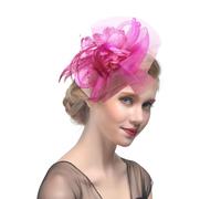 SIQITECHUK Women Fascinators Hat with Mesh Flower Feathers Headband Ladies Tea Party Headband Bride Hair Clip Headwear for Wedding Church Cocktail (UK, Alpha, One Size, Hot Pink)