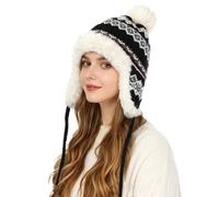 SIQITECHUK Women Knitted Trapper Hat with Ear Flaps Winter Warm Beanie Cap with Pompom Furry Plush Lining Cozy Snow Cap Windproof Thermal Bobble Hat (UK, Alpha, One Size, Black)