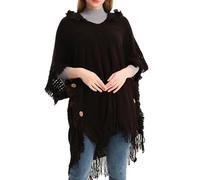 SIQITECHUK Women's Hooded Knitted Shawl with Decorative Tassel Buttons Fashionable Oversized Cape Warm Irregular Wrap for Spring Autumn Winter