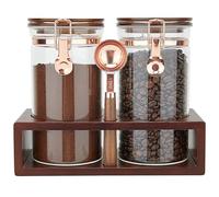 SIQOLNY Glass coffee container with shelf, 2 x 40 FLOZ Coffee bean storage with airtight locking clip and copper spoon, Large capacity food storage jar for kitchen, Coffee powder container