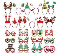 SIQUK 24 Pcs Christmas Party Favours Including 12 Pcs Christmas Headbands 12 Pcs Xmas Glasses Frames Snowman Xmas Tree Reindeer Headband and Glasses Party Favours Decorations