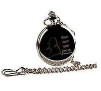 Sir Winston Churchill Silver Pocket Watch Quote Never Give Up Gift in Case Wooden Box