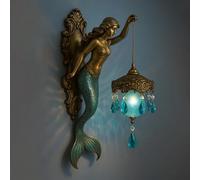 Siren’s Glow Mermaid Wall Lamp, Vintage Mermaid Bracket Light, 8/12 Inches Glass Mirror Front Lights Fixture Bedroom Beside Wall Light with Mermaids Lamp Arm, Art Deco Walls Sconce(12in)