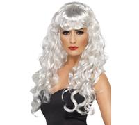 Smiffys Siren Wig, White Long, Curly with Fringe, Ladies Glamour Wigs Fancy Dress, Adult Dress Up Wigs