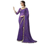 Siril Bandhani Women's Sari, Chiffon Printed Lace Sari with Blouse, purple, XL