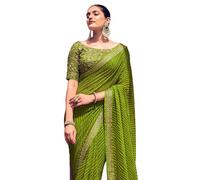 SIRIL Leheriya Printed & Lace Georgette Saree With Unstitched Blouse Piece, Olive Green, White, 5.5 meters