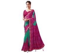 SIRIL Women's Bandhani Printed Chiffon Saree with Blouse, Pink & Rama, One size, Pink & Rama, One Size