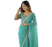 SIRIL Women's Bandhani Printed & Embroidery Work In Lace Georgette Saree with Unstitched Blouse Piece, Mint Green, 5.5 Meters