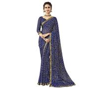 SIRIL Women's Bandhani Printed & Lace Chiffon Saree with Blouse, Navy Blue, One Size