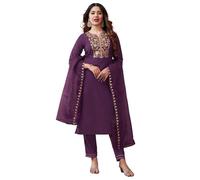 SIRIL Women's Embroidery Chinnon Silk Straight Kurta Set with Dupatta, Wine, X-Large