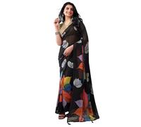SIRIL Women's Georgette Printed Ready to Wear Saree with Unstitched Blouse Piece, Black, One Size