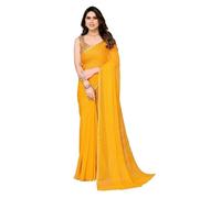 SIRIL Women's Jari Border & Mukaish Work Chiffon Saree with Unstitched Blouse Piece, Yellow2, One Size