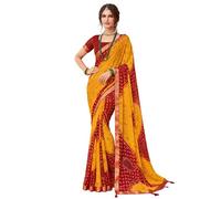 SIRIL Women's Lace & Bandhani Printed Chiffon Saree with Blouse, Yellow & Red1, One size