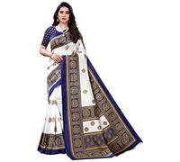 SIRIL Women's Poly Silk Floral Printed Saree with Blouse, Blue White, One Size