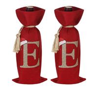 SIRIPHUM Christmas Wine Bottle Gift Bags, Red Burlap with Gold Monogram Initial, 6x13.5 inch, Set of 2 with Tassels Letter E