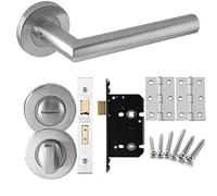 Sirius / Mitred Door Handle Lever On Rose- Bathroom pack- Satin stainless steel
