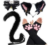 SIROLISA 3D Silicone Cat Paw Mittens Gloves with Ears Tails Cute Paw Toes Beans Socks High Stockings Set for Women Girls Halloween Christmas Cosplay (4PCS BLACK)