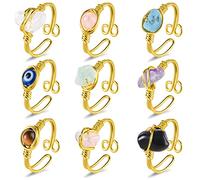 SIROLISA 9 PCS Healing Crystal Ring, Adjustable Gold Wire Wrapped Rings Irregular Gemstone Rings Set for Women Girls, Metal Gemstone, Crystal
