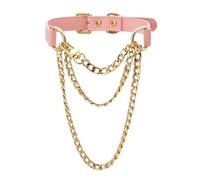 SIROLISA Black Leather Choker Collar For Women, Punk Gothic Necklace with Adjustable Triple-Layer Slip Chain Necklace Handmade(Pink&Gold)