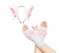 SIROLISA Cute Cat Paw Costume, Kawaii Soft 3D Toes Beans Fingerless Cat Claw Paws Cosplay Set for Women (White Short Gloves+Ears)
