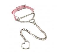 SIROLISA Heart Choker Collar For Women,O-ring Slip Chain Punk Gothic with Adjustable Vegan Leather Buckle and Heart Charm(pink&silver)
