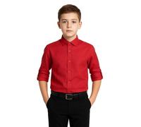 SIRRI Boys Linen Red Shirt Classic Roll Up Regular Fit Plain Formal Spring Summer Size 1-2 Years