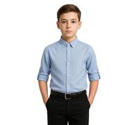 SIRRI Boys Linen Sky Blue Shirt Classic Roll Up Regular Fit Plain Formal Spring Summer Size 8-9 Years
