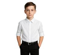 SIRRI Boys Linen White Shirt Classic Roll Up Regular Fit Plain Formal Spring Summer Size 8-9 Years