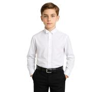 SIRRI Boys Slim Fit Tuxedo Shirt with Wing Fly Italian Collar - Long Sleeve Cotton Blend in White Size 9-10 Years