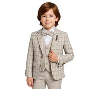 SIRRI Boys Slim Fit Windowpane Check Ivory & Caramel Beige Suit 5-Piece Set Wedding Outfit Size 8 Years UK
