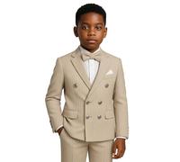 SIRRI Boys Textured Pinstripe Double-Breasted Camel Beige Suit 4-Piece Slim Fit Pageboy Formal Set Sizes 10 Years UK