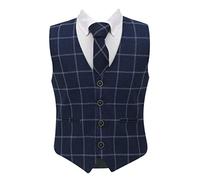 SIRRI Boys Tweed Single-Breasted Windowpane Check Slim Fit Cotton Dark Navy Waistcoat 3 Piece Retro Tie Formal Smart Casual Set Age 4 Years