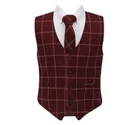 SIRRI Boys Tweed Single-Breasted Windowpane Check Slim Fit Cotton Maroon Burgundy Waistcoat 3 Piece Retro Tie Formal Smart Casual Set Size 11 Years