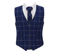 SIRRI Boys Tweed Single-Breasted Windowpane Check Slim Fit Cotton Navy Blue Waistcoat 3 Piece Retro Tie Formal Smart Casual Set Size 11 Years