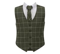 SIRRI Boys Tweed Single-Breasted Windowpane Check Slim Fit Cotton Sage Green Waistcoat 3 Piece Retro Tie Formal Smart Casual Set Size 14 Years