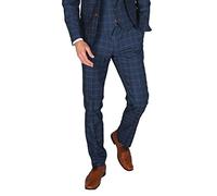 SIRRI Mens' Windowpane Check Suit Trousers Tailored Fit Navy Blue Wedding Business Smart Retro Waist 34R