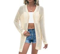Sirrilcy Womens Crochet Cardigan Sweater Long Sleeve Open Front Boho Knit Cover Up Lightweight Summer Outwear, Apricot, Small